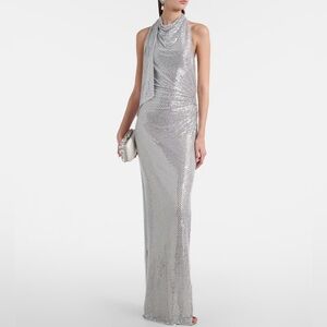 SELF-PORTRAIT Embellished draped mesh halterneck maxi dress